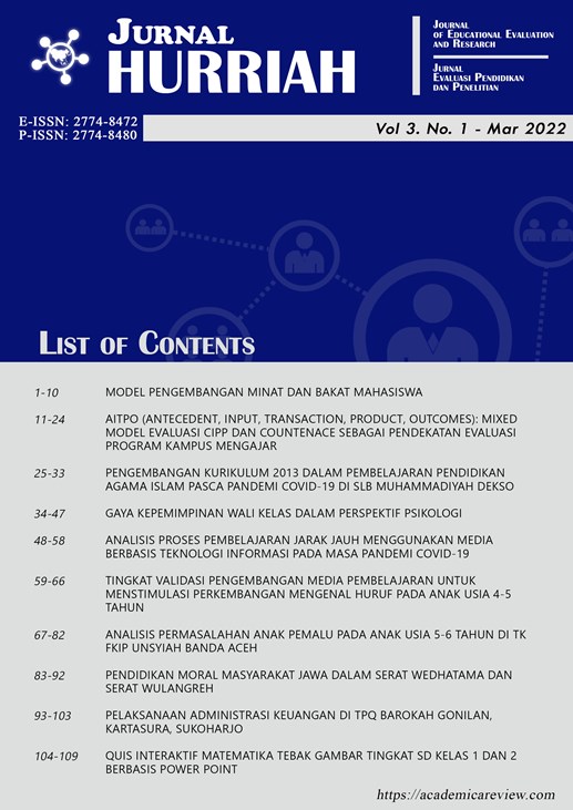 					View Vol. 3 No. 1 (2022): Jurnal Hurriah: Jurnal Evaluasi Pendidikan dan Penelitian
				